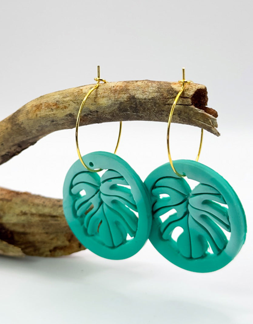 Teal Monstera Hoop Earrings
